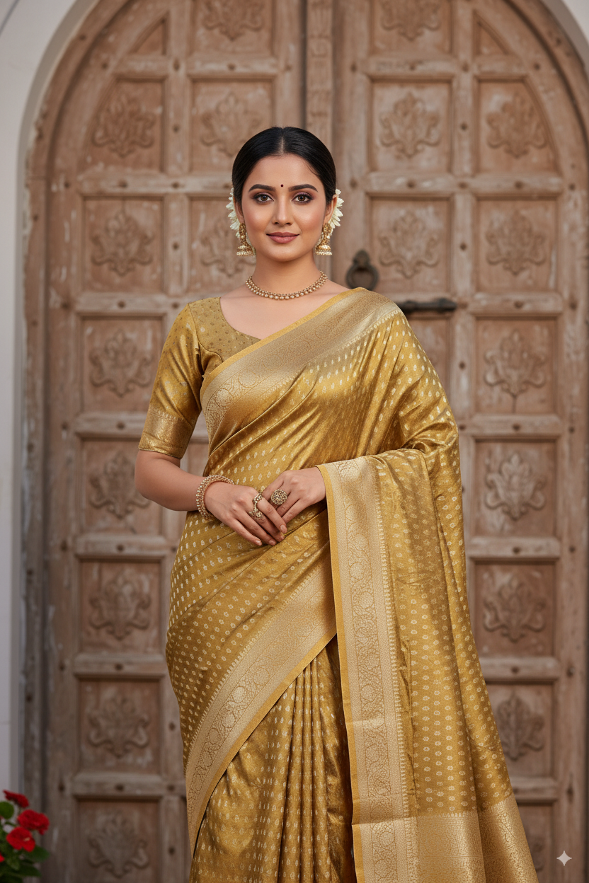 Golden-Olive Green Metallic Banarasi Tissue Silk Lightweight