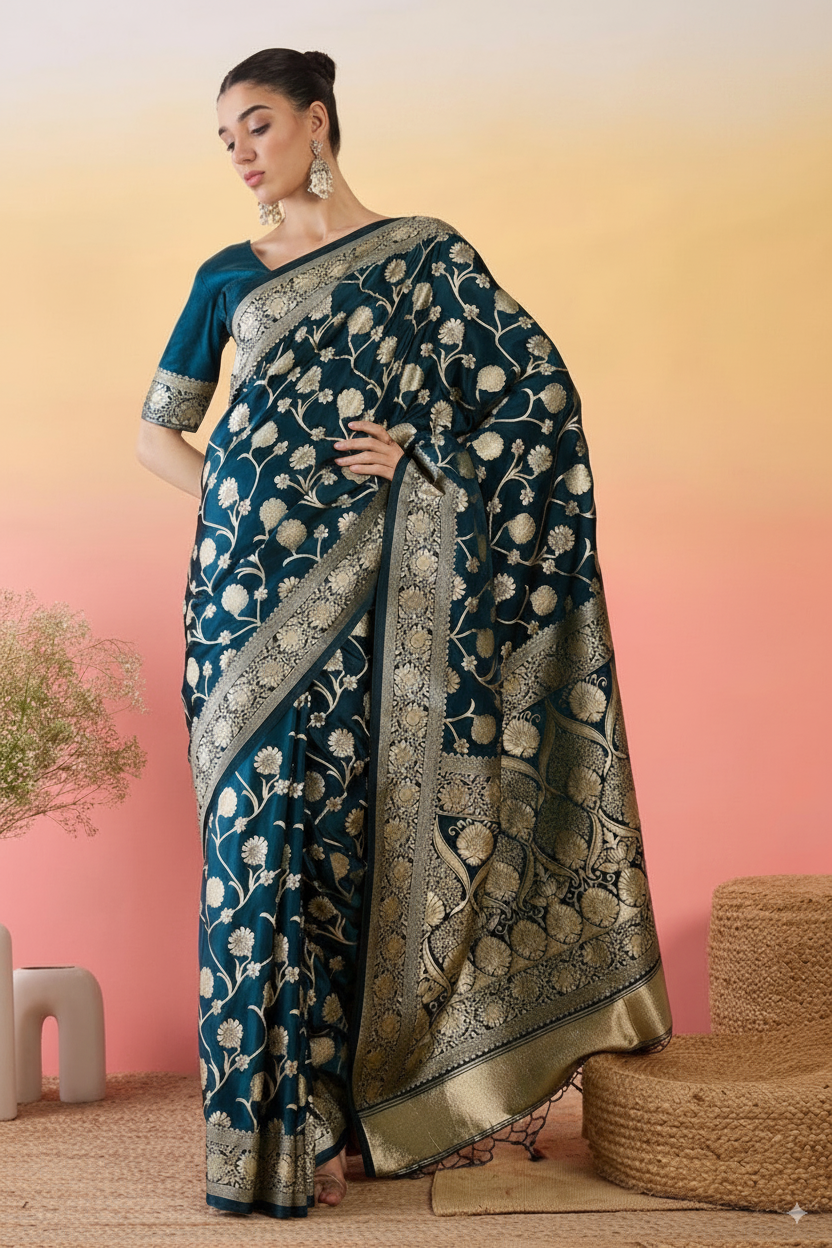 Elegant Teal Banarasi Saree with Heavy Golden Pallu & Border