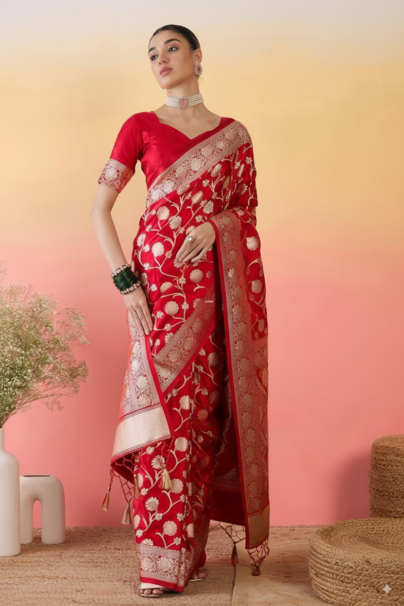 Luxury Red Banarasi Saree with Rich Golden Pallu & Border