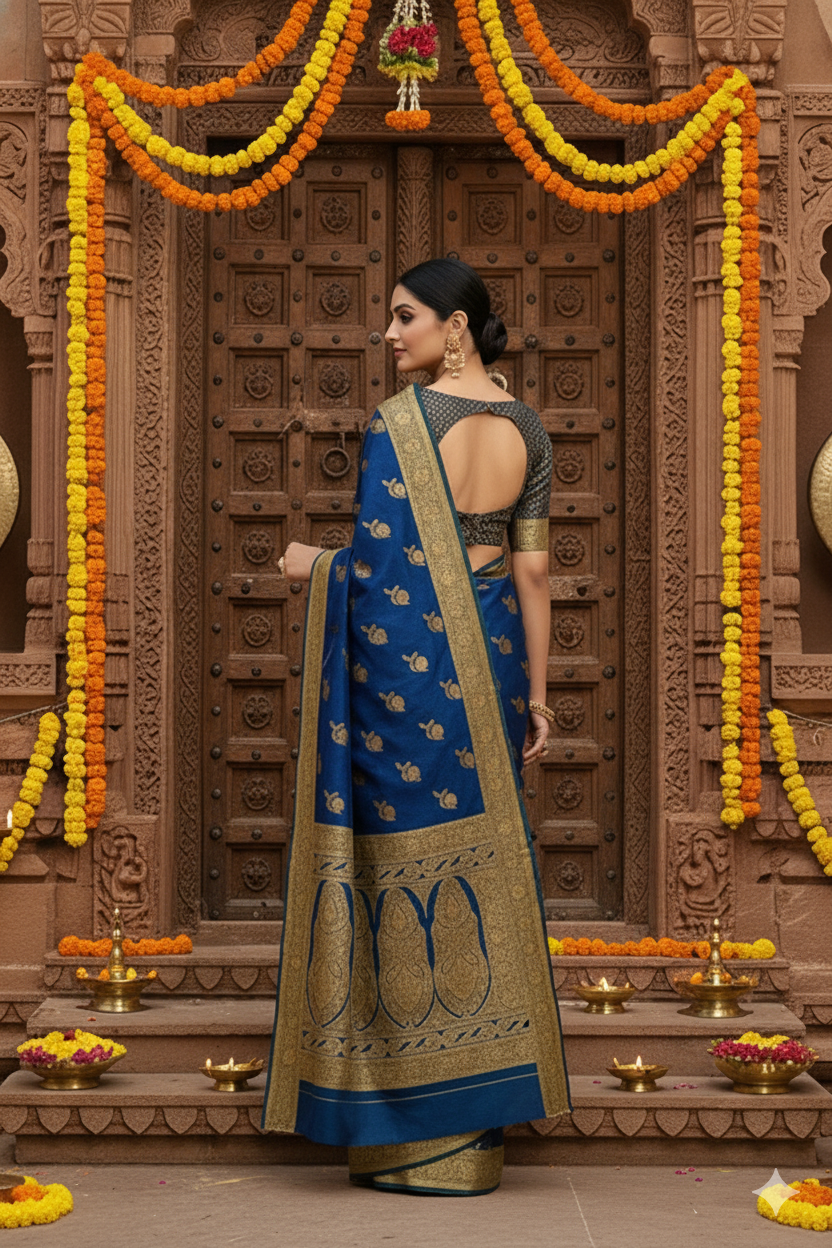 Rajsi Neel – Handwoven Royal Blue Katan Banarasi Saree