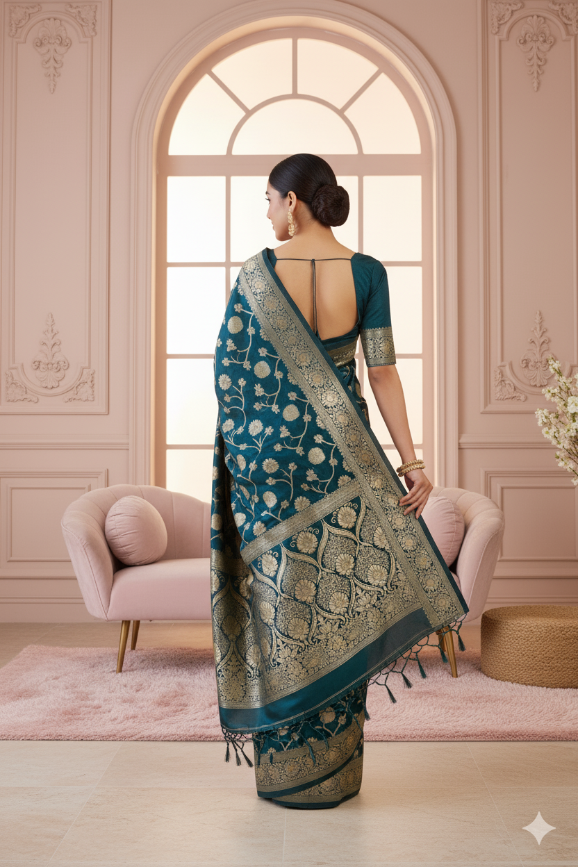 Elegant Teal Banarasi Saree with Heavy Golden Pallu & Border
