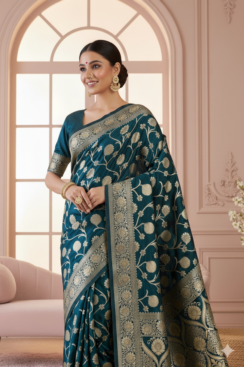 Elegant Teal Banarasi Saree with Heavy Golden Pallu & Border