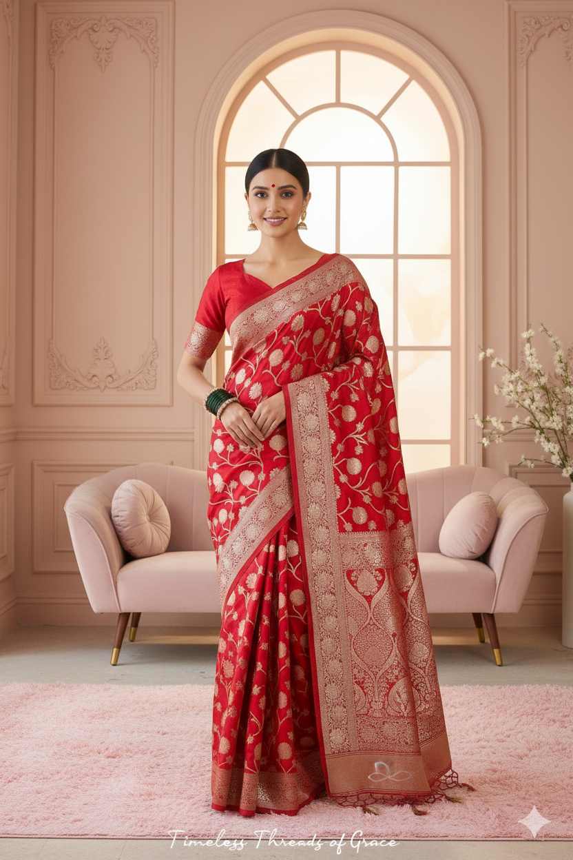 Luxury Red Banarasi Saree with Rich Golden Pallu & Border