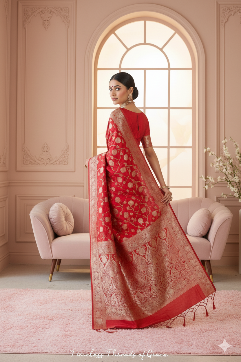 Luxury Red Banarasi Saree with Rich Golden Pallu & Border
