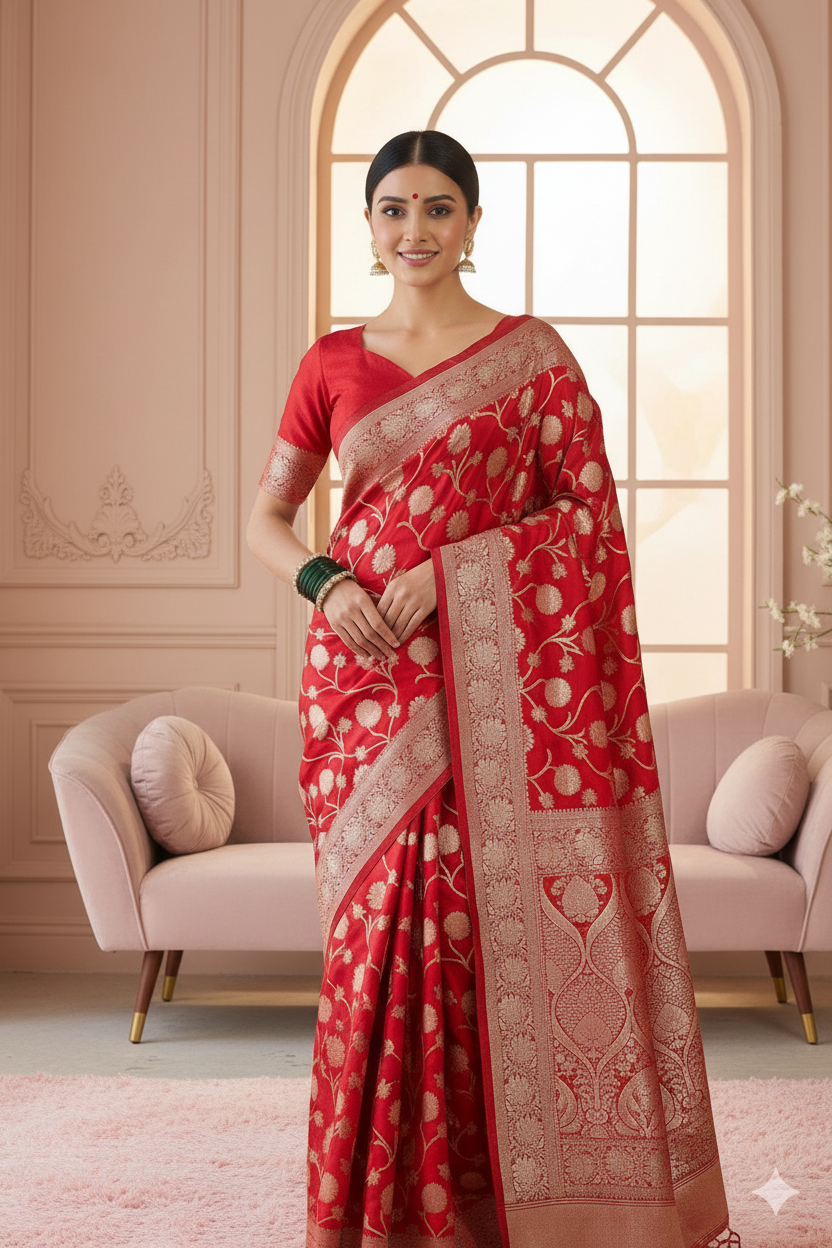 Luxury Red Banarasi Saree with Rich Golden Pallu & Border