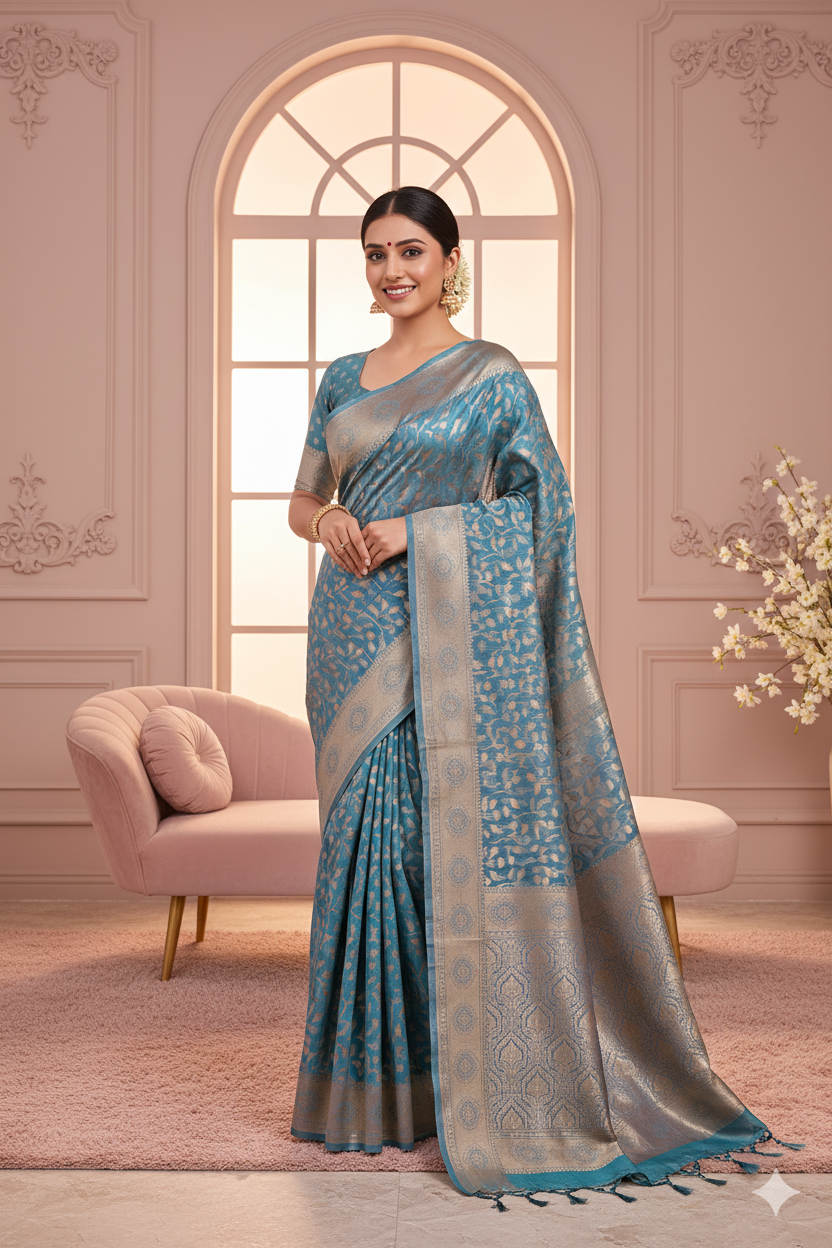 Teal Blue Linen Silk Saree Lightweight
