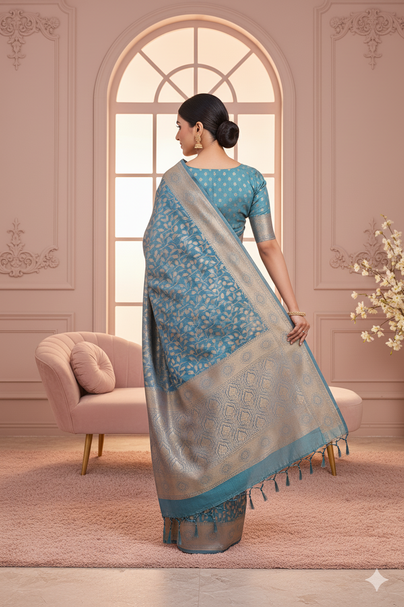 Teal Blue Linen Silk Saree Lightweight