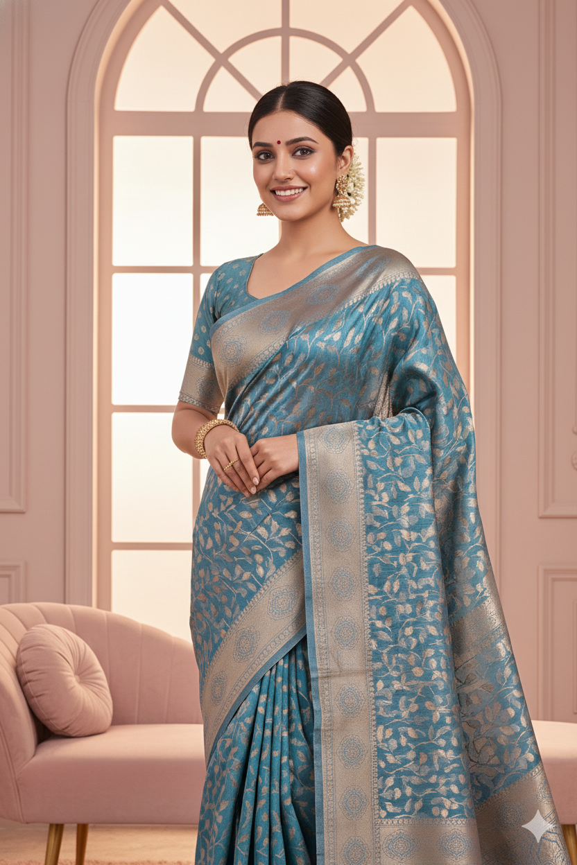 Teal Blue Linen Silk Saree Lightweight