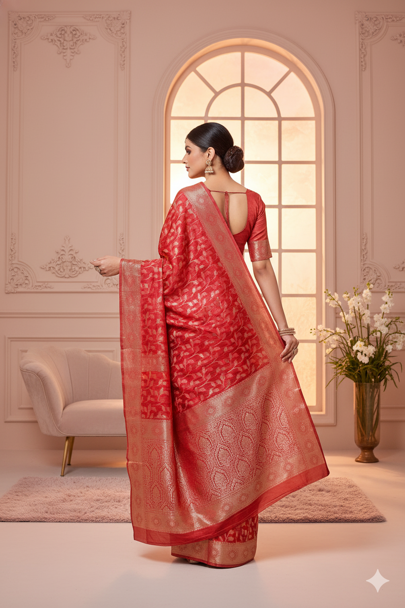 Red Linen Silk Saree Lightweight