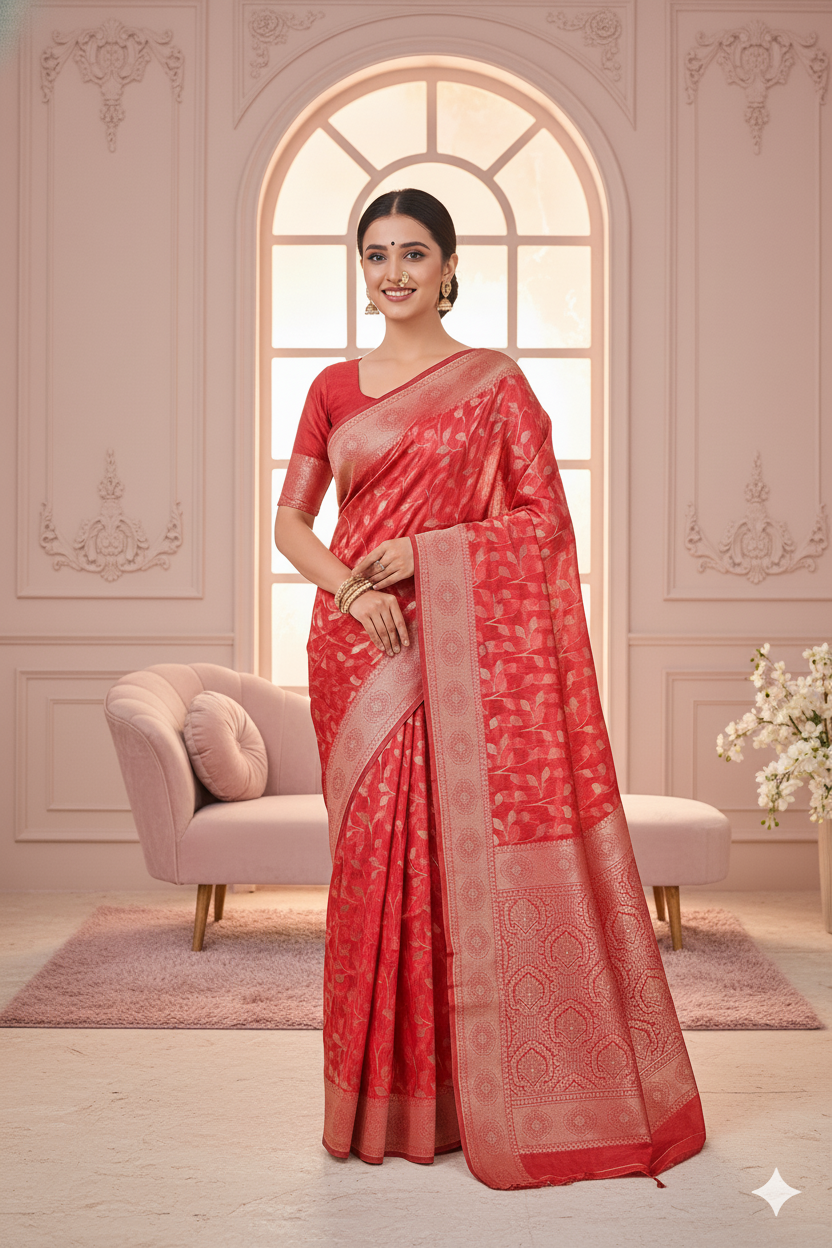Red Linen Silk Saree Lightweight