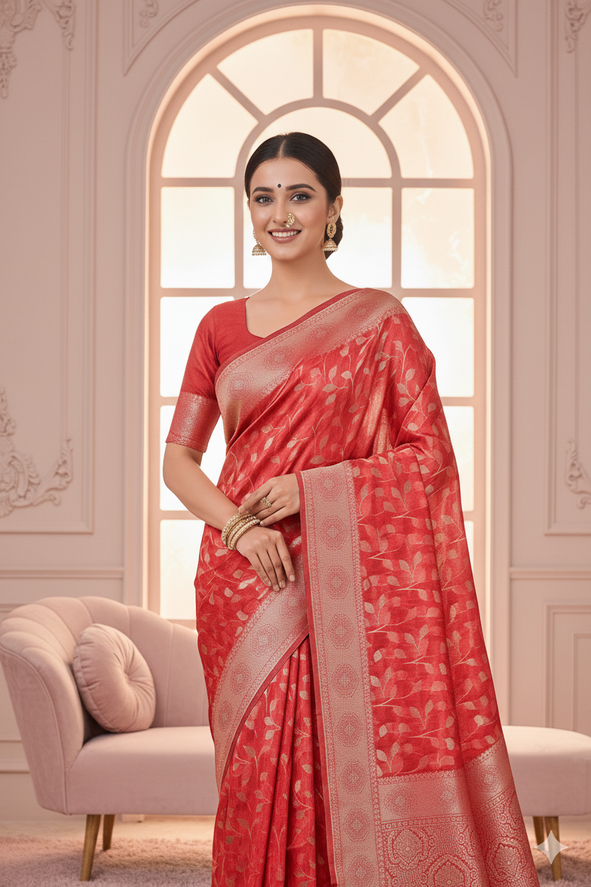 Red Linen Silk Saree Lightweight