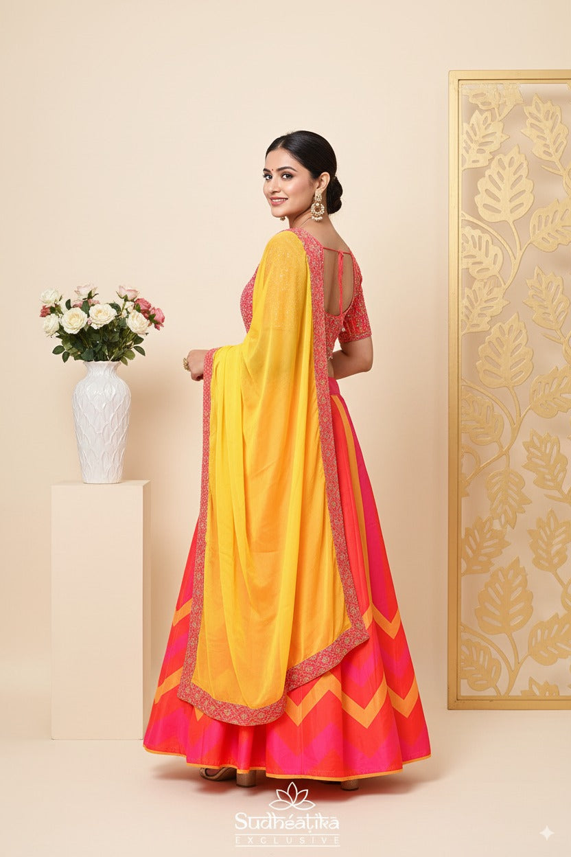 Baag-e-Rang Silk Fusion Lehenga (Pink-Orange-Yellow Multi-tone)