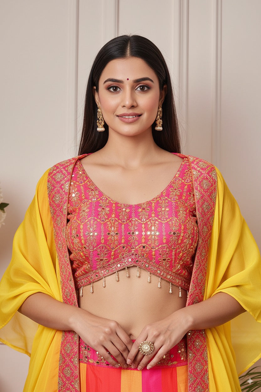 Baag-e-Rang Silk Fusion Lehenga (Pink-Orange-Yellow Multi-tone)
