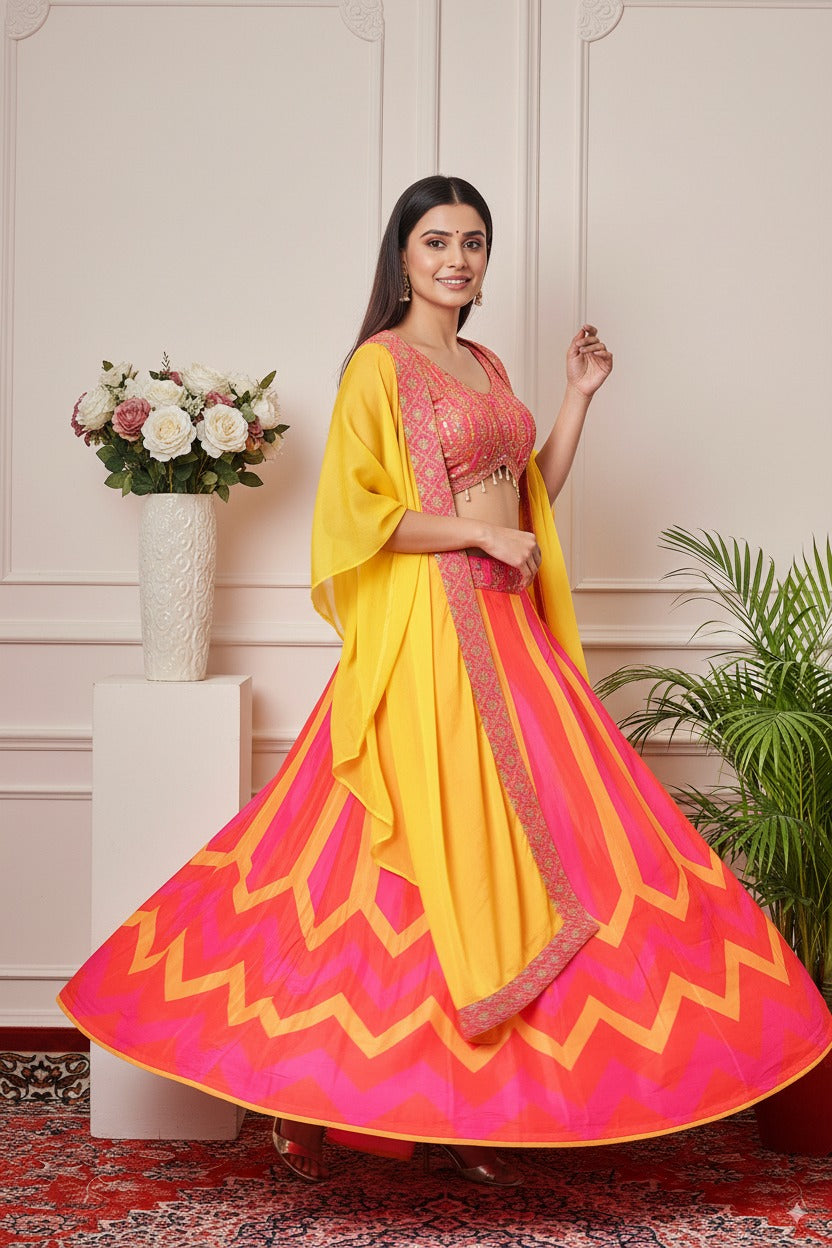 Baag-e-Rang Silk Fusion Lehenga (Pink-Orange-Yellow Multi-tone)