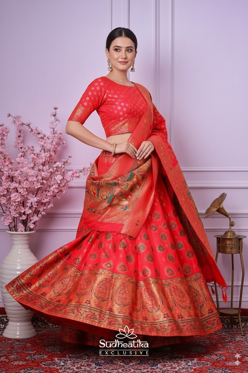 Rooh-e-Rang Red Banarasi Zari Lehenga Set with Unstitched Blouse