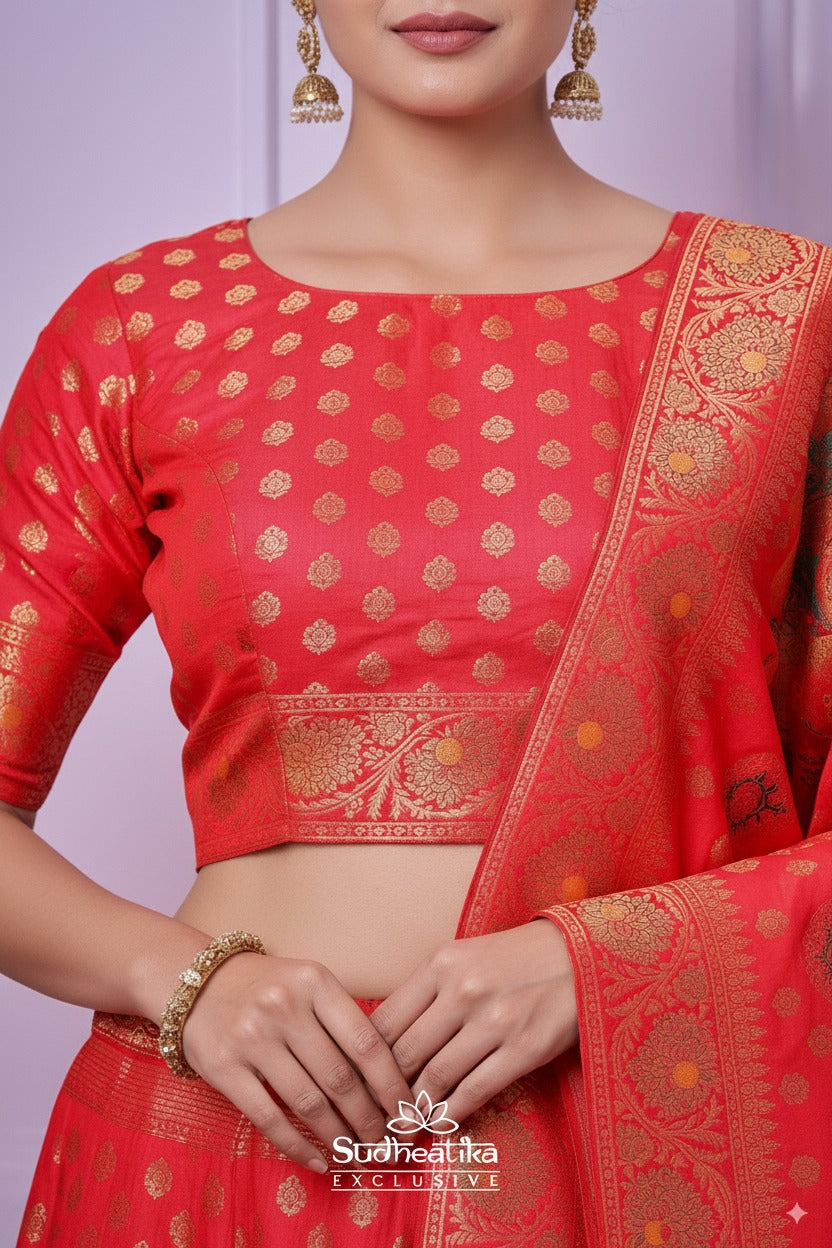Rooh-e-Rang Red Banarasi Zari Lehenga Set with Unstitched Blouse