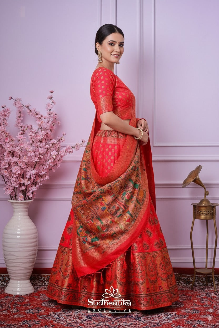 Rooh-e-Rang Red Banarasi Zari Lehenga Set with Unstitched Blouse