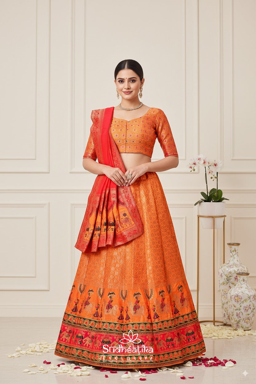Rang Mahal Orange Handwoven Banarsi Lehenga Set with Unstitched Blouse