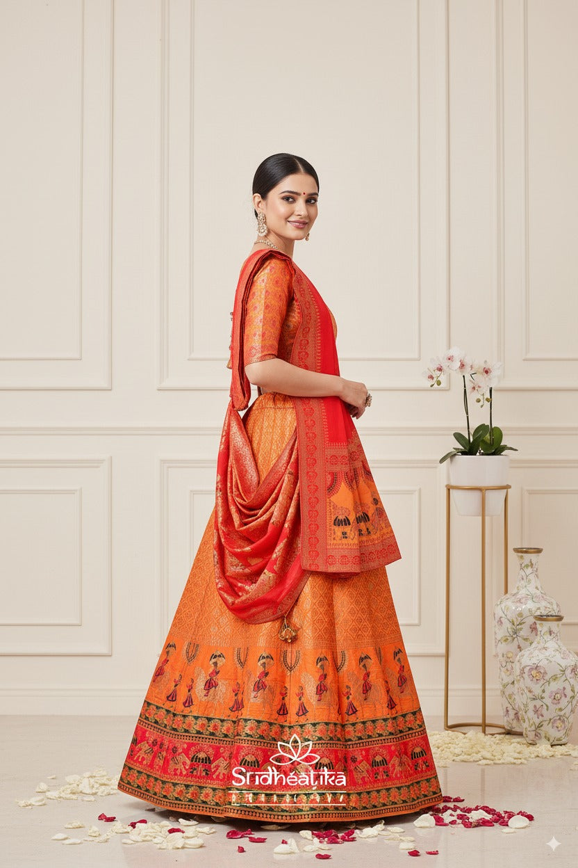 Rang Mahal Orange Handwoven Banarsi Lehenga Set with Unstitched Blouse
