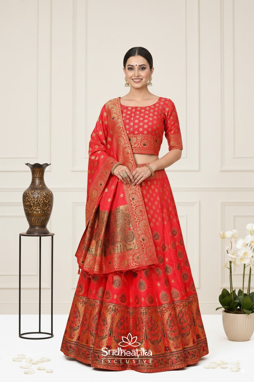 Rooh-e-Rang Red Banarasi Zari Lehenga Set with Unstitched Blouse