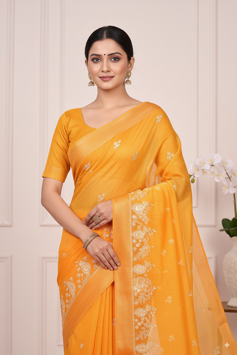 Yellow Gadhwal Cotton Lightweight Saree