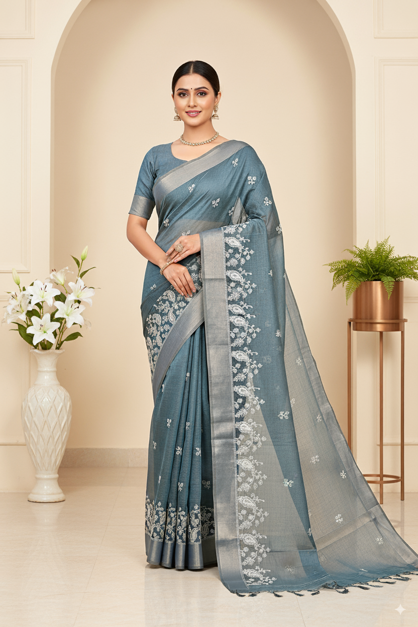 Teal Green Cotton Lightweight Saree