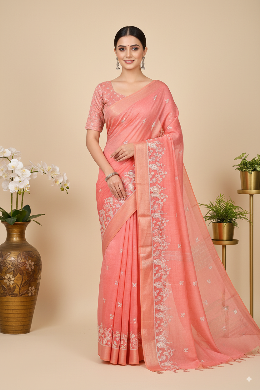 Rose Pink Gadhwal Cotton Lightweight Saree