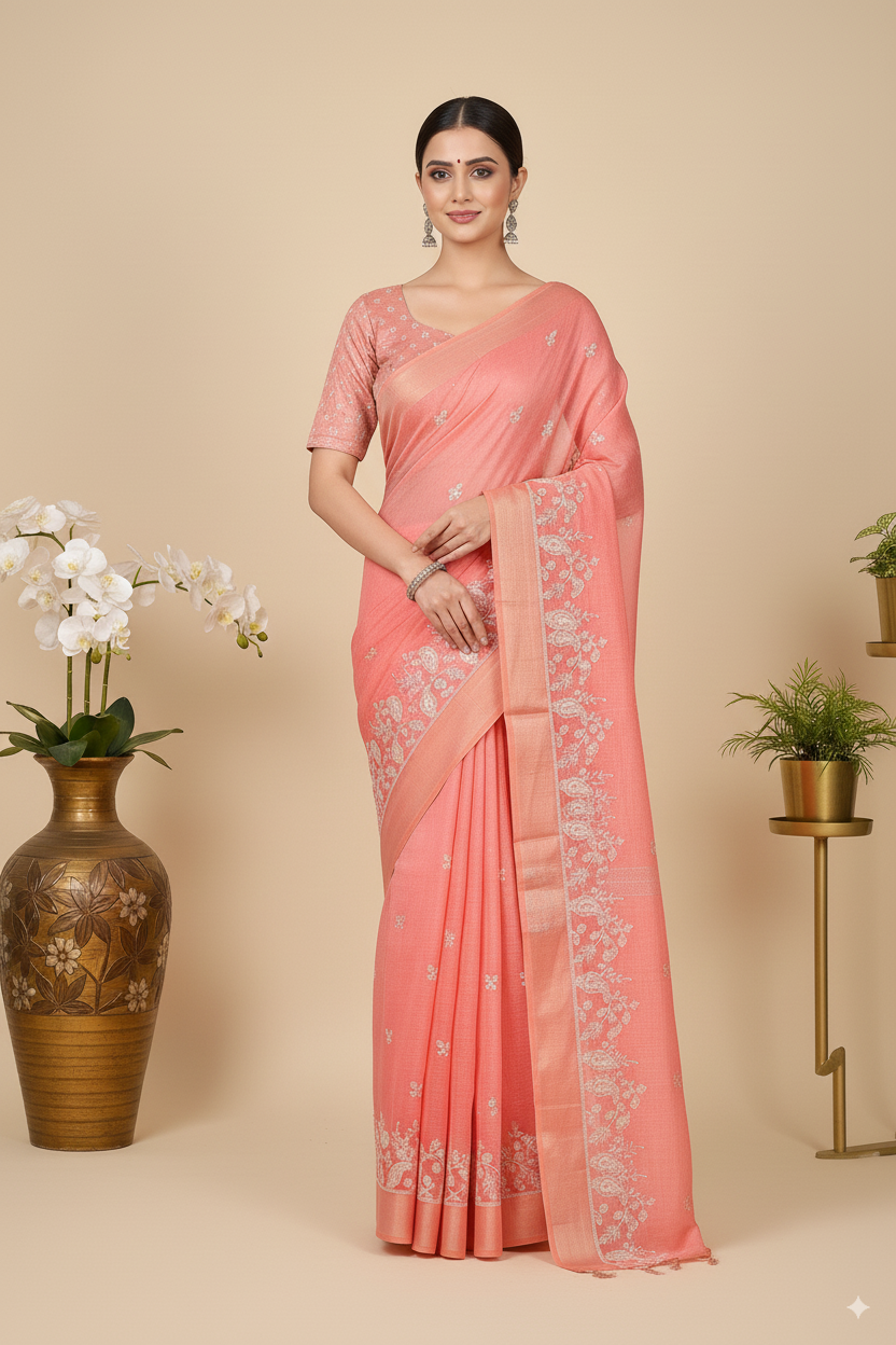 Rose Pink Gadhwal Cotton Lightweight Saree