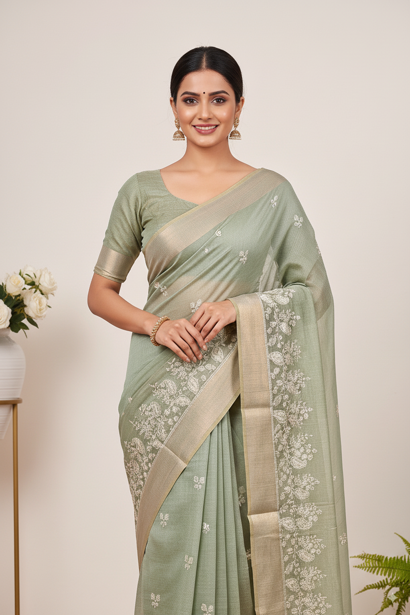 Pastel Olive Green Gadhwal Cotton Lightweight Saree