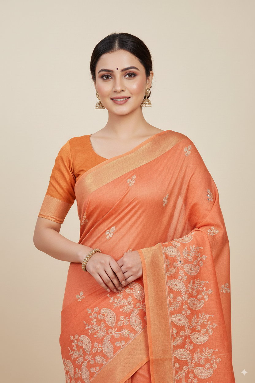 Dark Peach Gadhwal Cotton Lightweight Saree