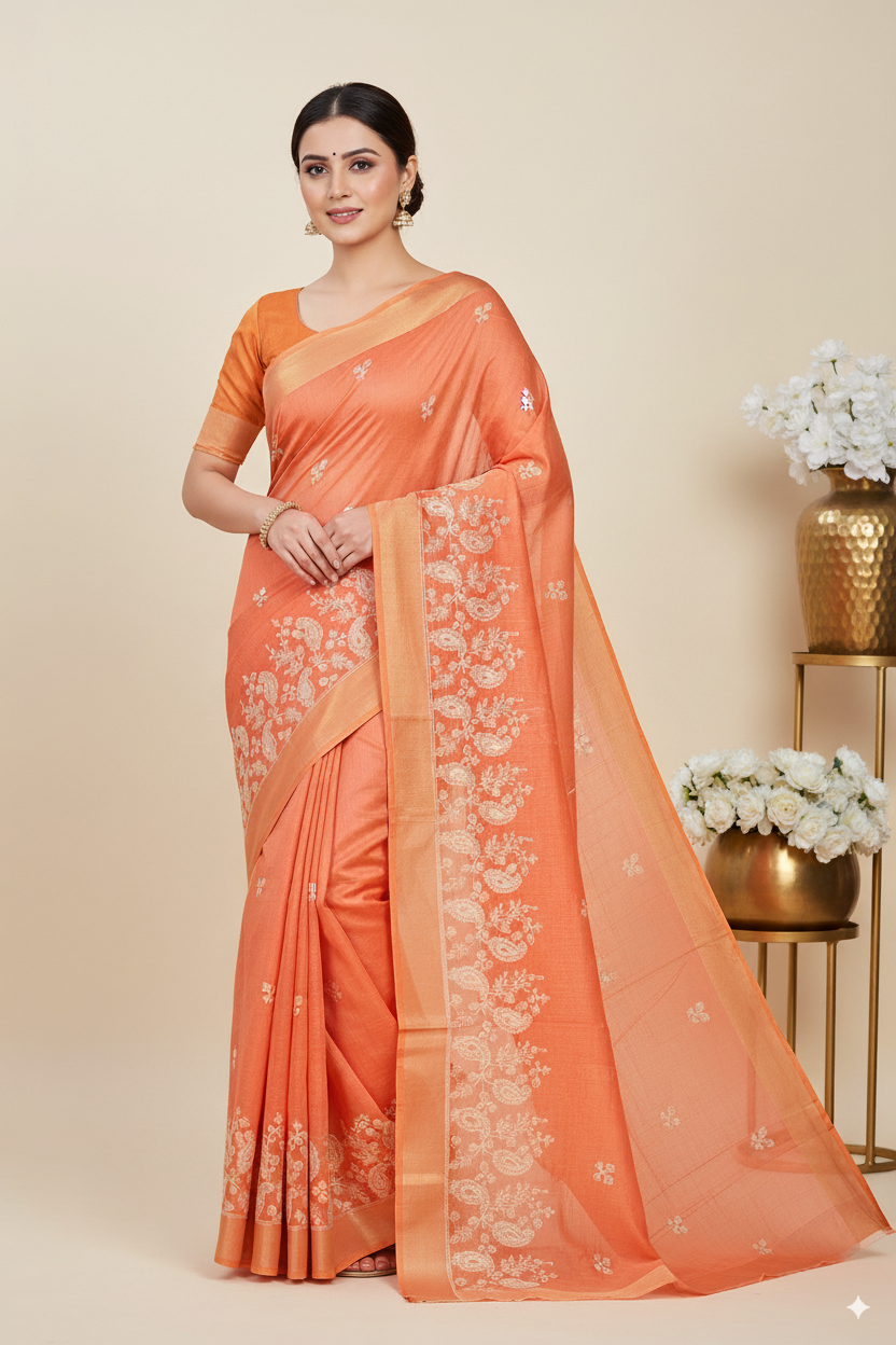 Dark Peach Gadhwal Cotton Lightweight Saree