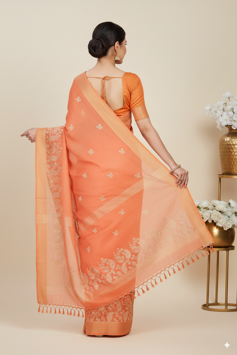 Dark Peach Gadhwal Cotton Lightweight Saree