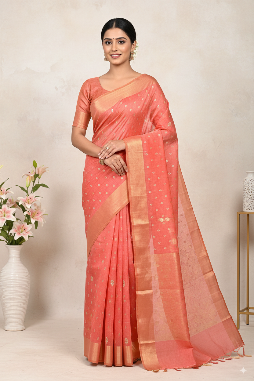 Coral Pink Gadhwal Cotton Lightweight Saree
