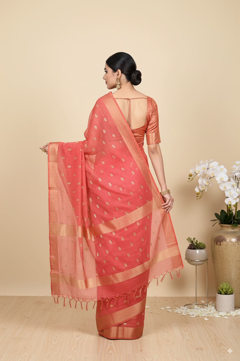 Coral Pink Gadhwal Cotton Lightweight Saree