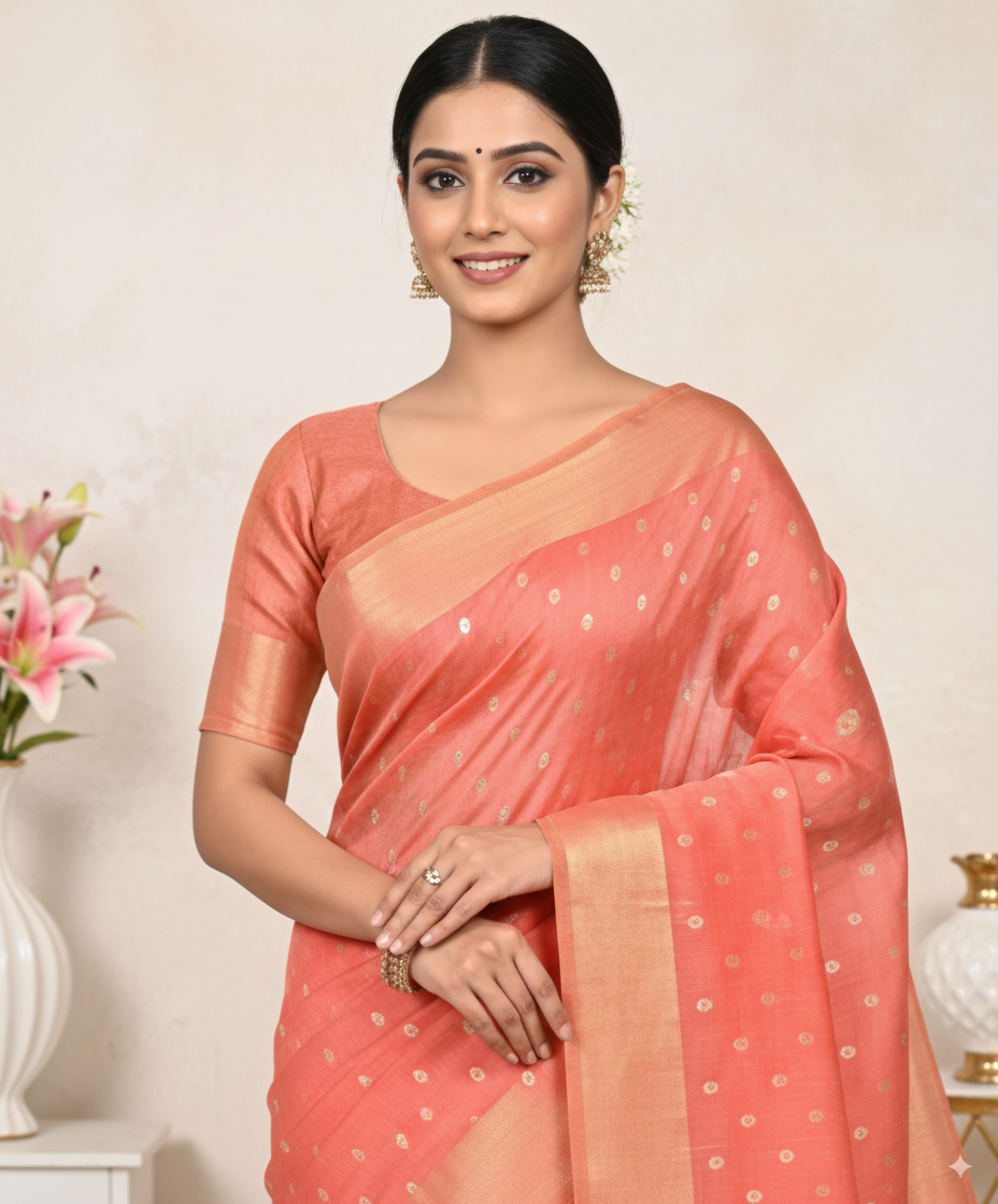 Coral Pink Gadhwal Cotton Lightweight Saree