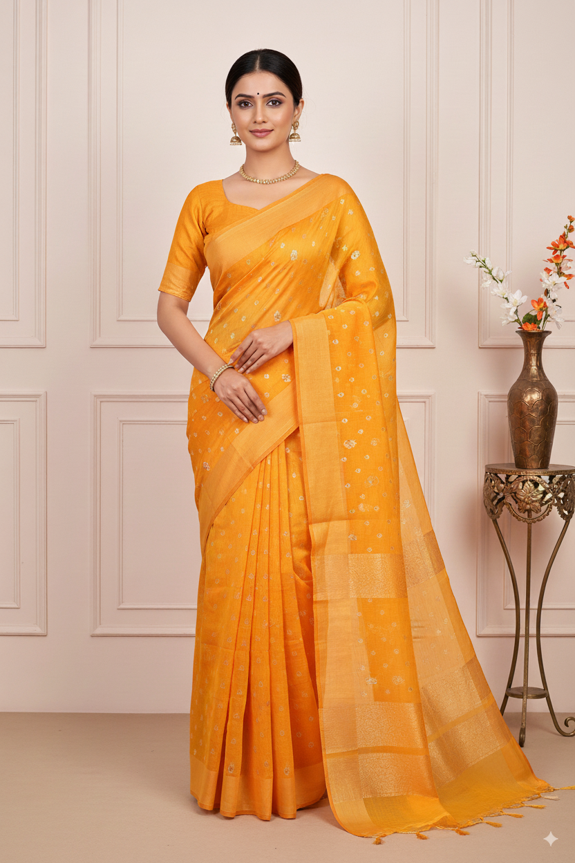 Mustard Gadhwal Cotton Lightweight Saree