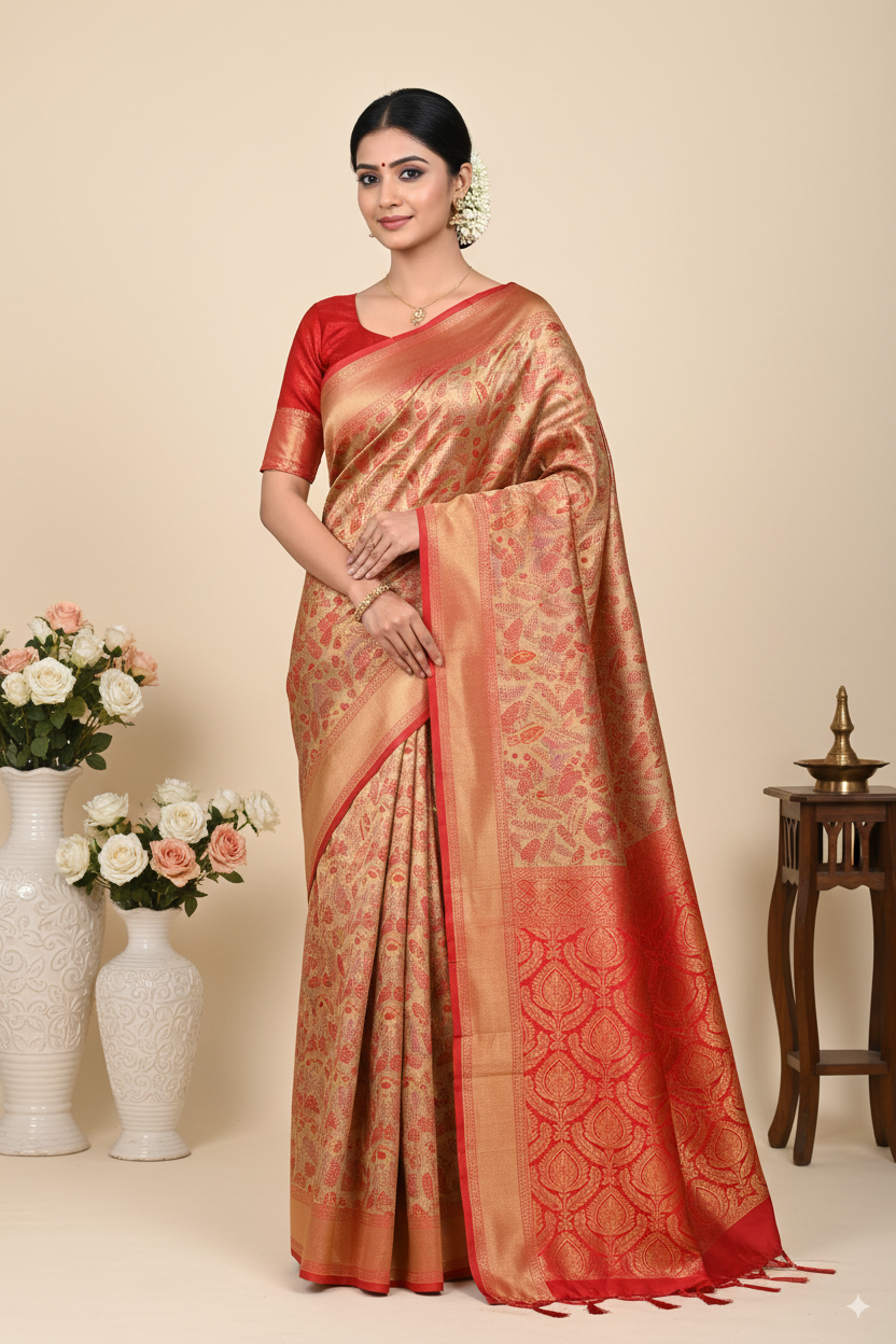 Red and Beige Silk Woven Banarasi Saree – Lightweight