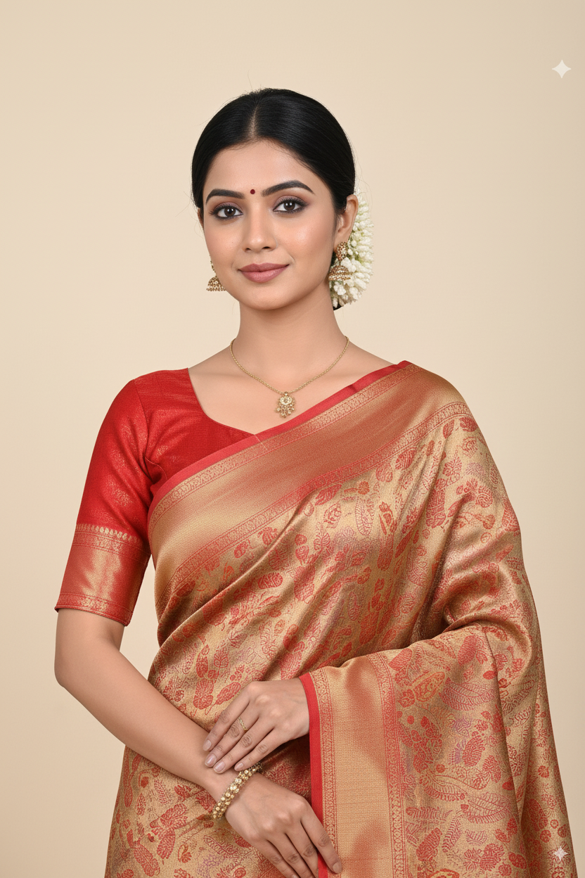 Red and Beige Silk Woven Banarasi Saree – Lightweight