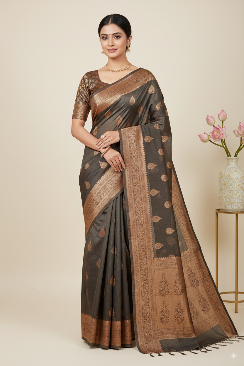 Charcoal Grey Banarasi Cotton Silk Lightweight Saree