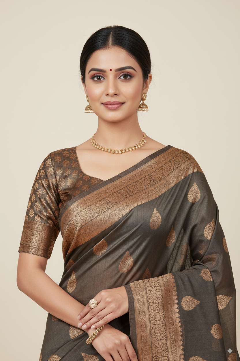 Charcoal Grey Banarasi Cotton Silk Lightweight Saree