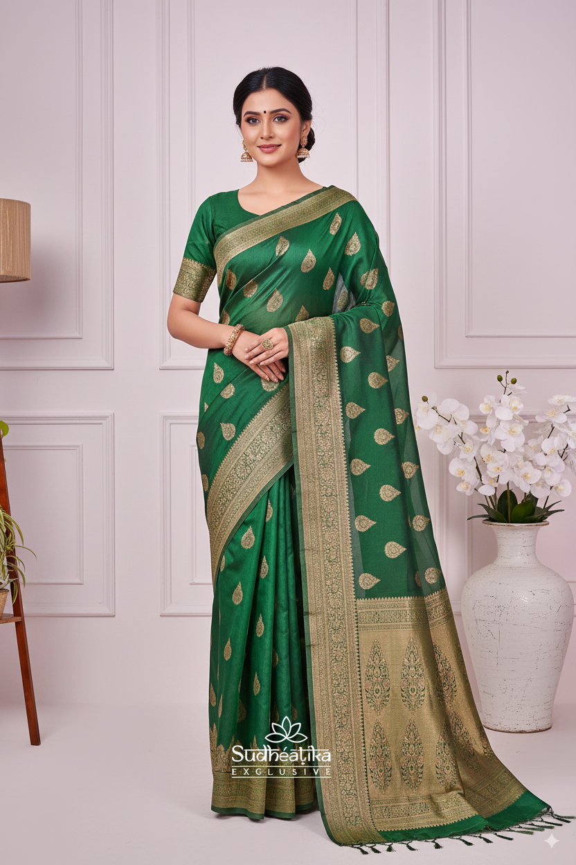 Dark Green Banarsi Cotton Silk Lightweight Saree