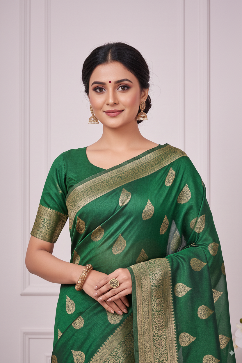Dark Green Banarsi Cotton Silk Lightweight Saree