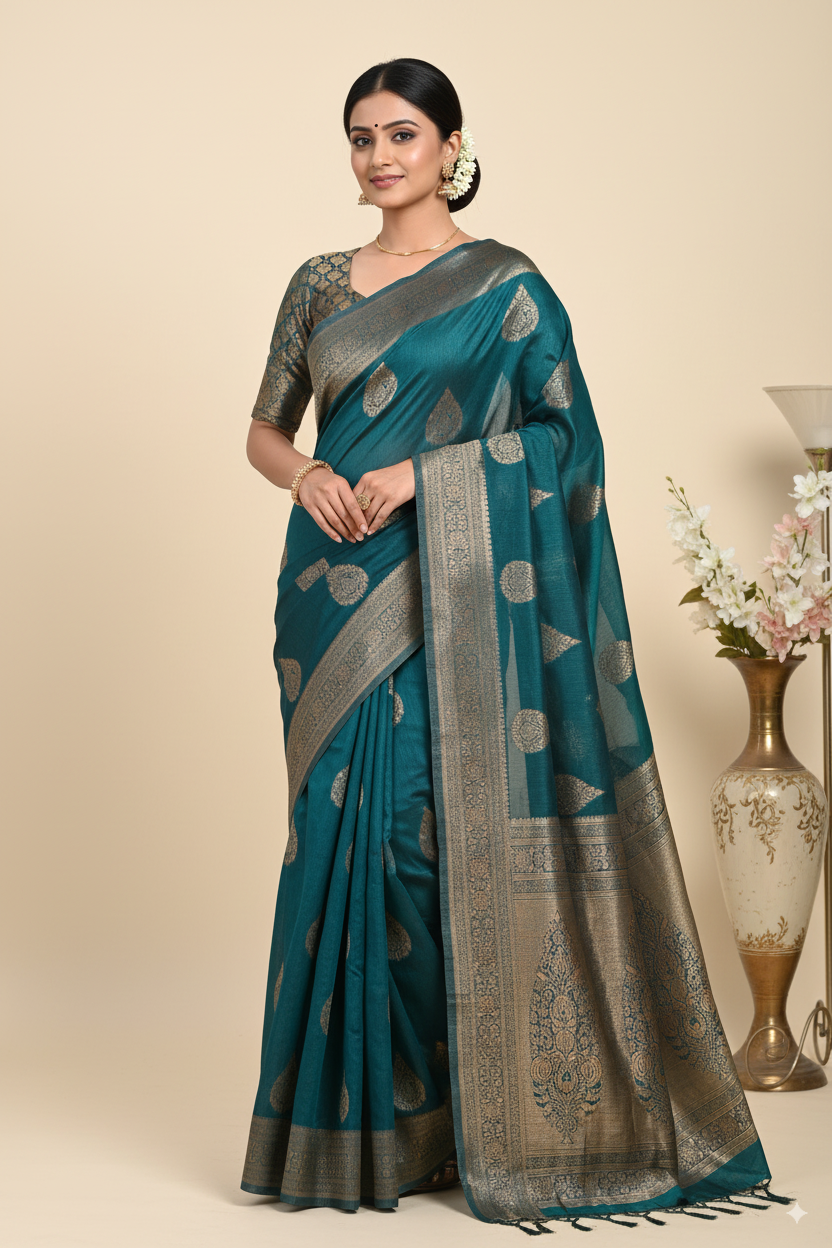 Emerald Green Banarsi Cotton Silk Lightweight