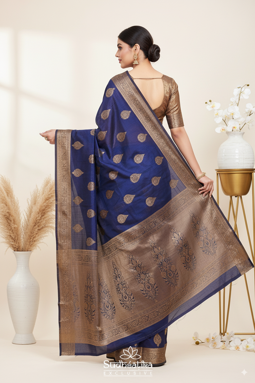 Navy Blue Banarsi Cotton Silk Lightweight Saree