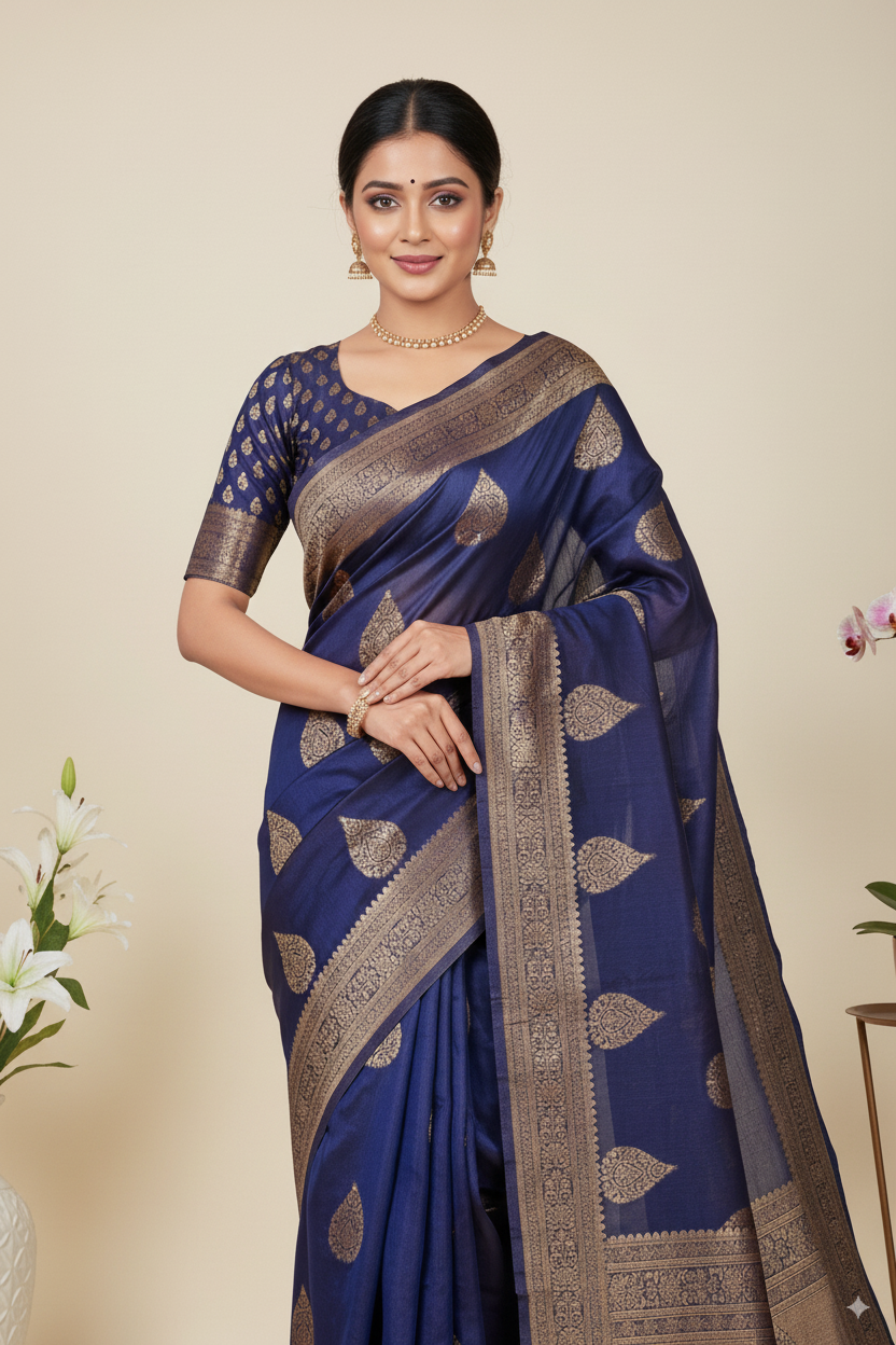 Navy Blue Banarsi Cotton Silk Lightweight Saree
