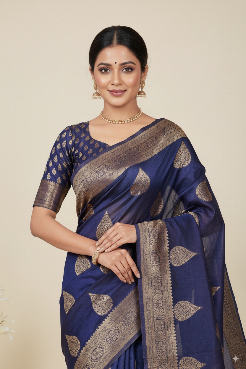 Navy Blue Banarsi Cotton Silk Lightweight Saree