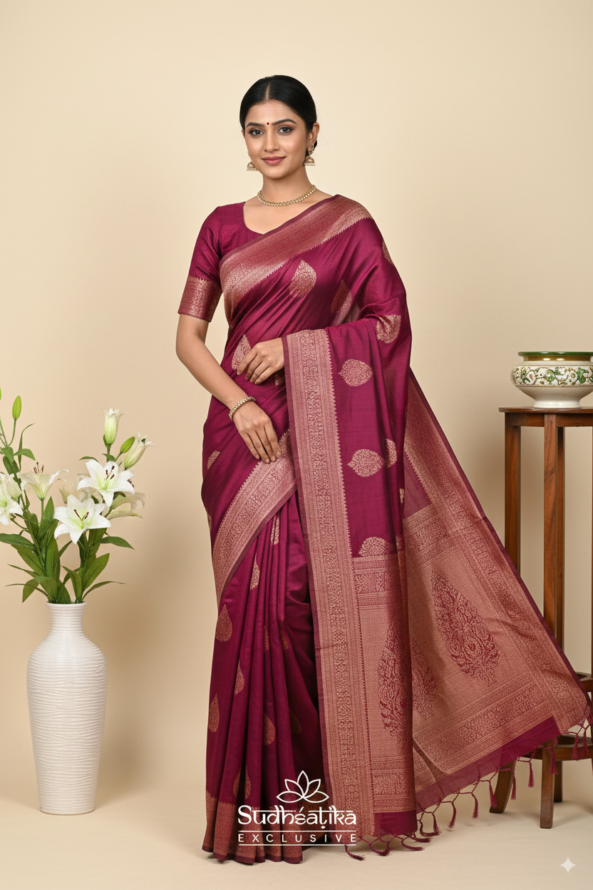 Rich Wine Banarsi Cotton Silk Lightweight Saree