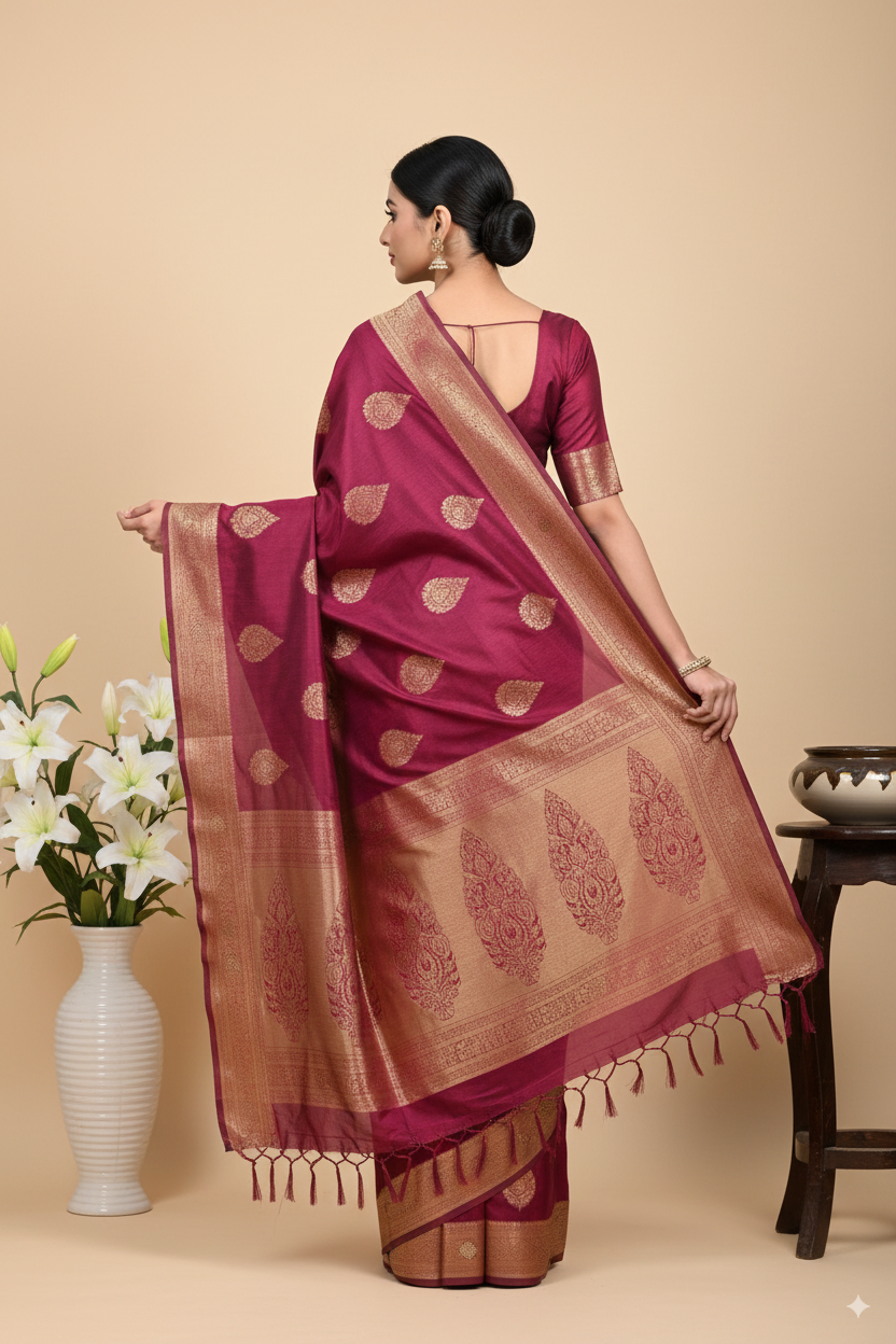 Rich Wine Banarsi Cotton Silk Lightweight Saree