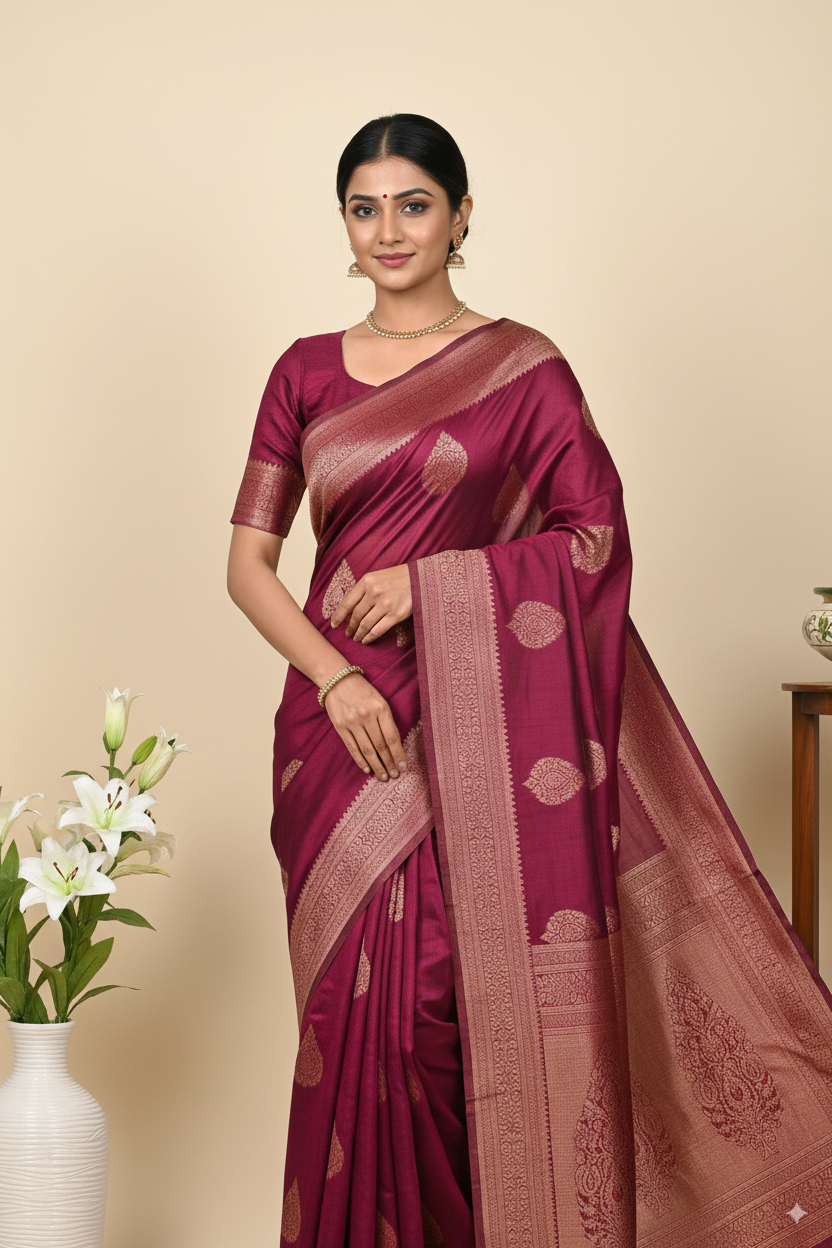 Rich Wine Banarsi Cotton Silk Lightweight Saree