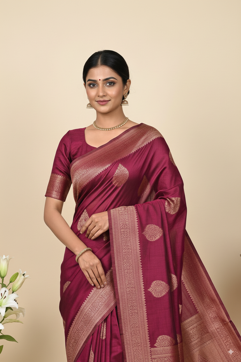 Rich Wine Banarsi Cotton Silk Lightweight Saree